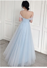 Light Blue Off Shoulder Sweetheart Tulle Long Party Dress