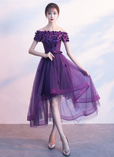 Dark Purple High Low Cute Off Shoulder Homecoming Dress