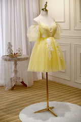Light Yellow Tulle with Lace Puffy Sleeves Party Dress