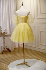 Light Yellow Tulle with Lace Puffy Sleeves Party Dress