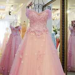 Pink Off Shoulder Lace Applique Tulle Flowers Prom Dress