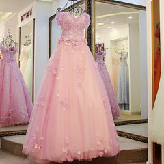 Pink Off Shoulder Lace Applique Tulle Flowers Prom Dress