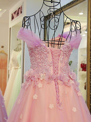 Pink Off Shoulder Lace Applique Tulle Flowers Prom Dress