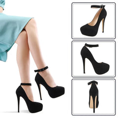 LOSLANDIFEN 14cm Round Toe Ankle Strap Thin Heel Slingback Platfrom Pumps High Heels Stilettos Party Wedding Dress Shoes