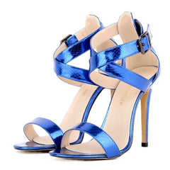 LOSLANDIFEN Womens Pumps 11cm Open Toe Ankle Straps High Heels Faux Crocodile Wedding Shoes