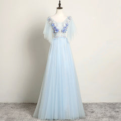 Light Blue Flower Lace V-neckline Puffy Sleeves Long Party Dress