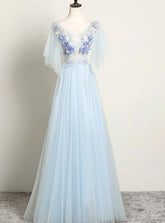 Light Blue Flower Lace V-neckline Puffy Sleeves Long Party Dress