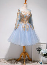 Light Blue Long Sleeves with Gold Lace Cute Homecoming Dress