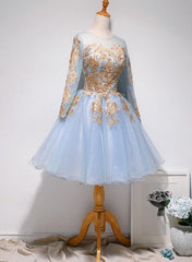 Light Blue Long Sleeves with Gold Lace Cute Homecoming Dress