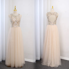 Light Champagne Beaded Backless Tulle Round Neckline Party Dress