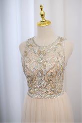 Light Champagne Beaded Backless Tulle Round Neckline Party Dress