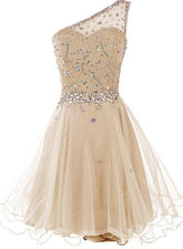 Light Champagne Beaded One Shoulder Chic Homecoming Dresses