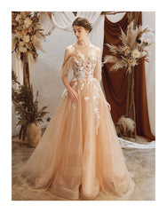 Light Champagne Lace Applique Halter Lace Applique Tulle Formal Gown
