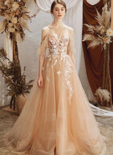 Light Champagne Lace Applique Halter Lace Applique Tulle Formal Gown