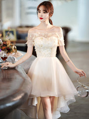 Light Champagne Tulle Short Sleeves High Low Homecoming Dress