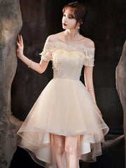 Light Champagne Tulle Short Sleeves High Low Homecoming Dress