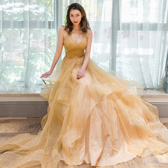 Light Champagne V-neckline Layers Straps Shiny Tulle Party Dress
