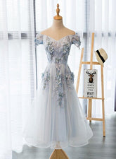 Light Grey Flowers Lace Off Shoulder Short Party Dress