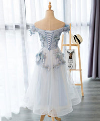 Light Grey Flowers Lace Off Shoulder Short Party Dress