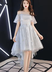 Light Grey High Low Tulle Off Shoulder Cute Party Dress