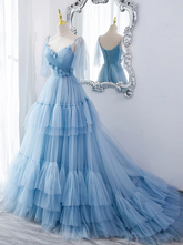 Lovely Light Blue Tulle with Straps Layers Long Formal Dresses