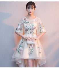 Lovely Light Champagne Tulle with Lace Applique Short Sleeves Party Dresses