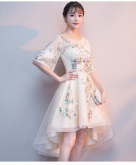 Lovely Light Champagne Tulle with Lace Applique Short Sleeves Party Dresses