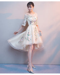 Lovely Light Champagne Tulle with Lace Applique Short Sleeves Party Dresses