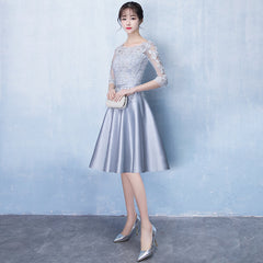 Lovely Sliver Grey Satin and Lace Short Sleeves Homecoming Dress