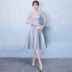 Lovely Sliver Grey Satin and Lace Short Sleeves Homecoming Dress