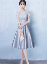 Lovely Sliver Grey Satin and Lace Short Sleeves Homecoming Dress