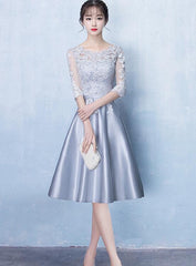 Lovely Sliver Grey Satin and Lace Short Sleeves Homecoming Dress
