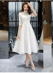 Lovely White Tea Length Lace Simple Short Sleeves Party Dress