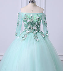 Mint Green Tulle Off Shoulder Long Sleeve Lace Applique Sweet 16 Prom Dress