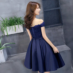 Navy Blue Lace and Satin Off Shoulder Party Dress with Bow