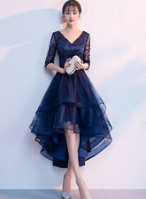 Navy Blue Lace and Tulle Layers V-neckline High Low Party Dress