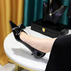 Street Style Patent Leather Rhinestone Butterfly-knot Pumps Pointed Toe Woman Elegant Thin Middle Heel Shoes