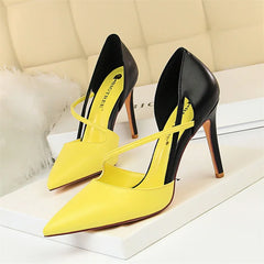 Sweet Pointed Toe High Heel Sandals Patchwork Hollow Party Ankle Strap Yellow Pink Single Shoes