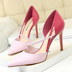 Sweet Pointed Toe High Heel Sandals Patchwork Hollow Party Ankle Strap Yellow Pink Single Shoes