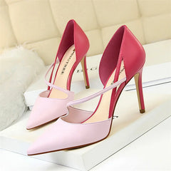 Sweet Pointed Toe High Heel Sandals Patchwork Hollow Party Ankle Strap Yellow Pink Single Shoes