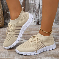 Casual Flats Sport Shoes Woman Slip On Lace-Up Shoes All Color Chunky Sole Fly Knitting Mesh Shoes