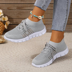 Casual Flats Sport Shoes Woman Slip On Lace-Up Shoes All Color Chunky Sole Fly Knitting Mesh Shoes