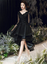 Black Tulle with Lace High Low Party Dress