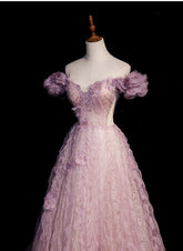 Vestido de fiesta largo de tul rosa con hombros descubiertos y flores
