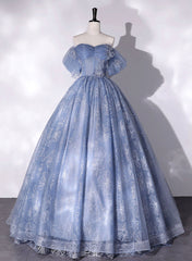 Blue Off Shoulder Ball Gown Floral Tulle Party Dress
