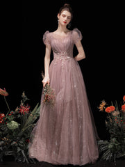 Vestido formal de tul rosa con mangas cortas y corte A hasta el suelo