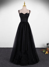 Black A-line Tulle Straps Simple Long Prom Dress