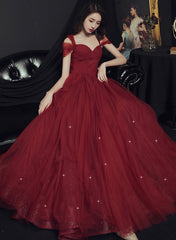 Wine Red Tulle Straps Sweetheart Long Party Dress