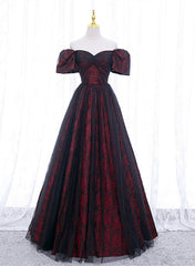 Vestido de fiesta largo con escote en forma de corazón de encaje negro y rojo