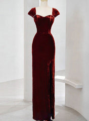 Charming Wine Red Velvet Cap Sleeves Long Party Dress